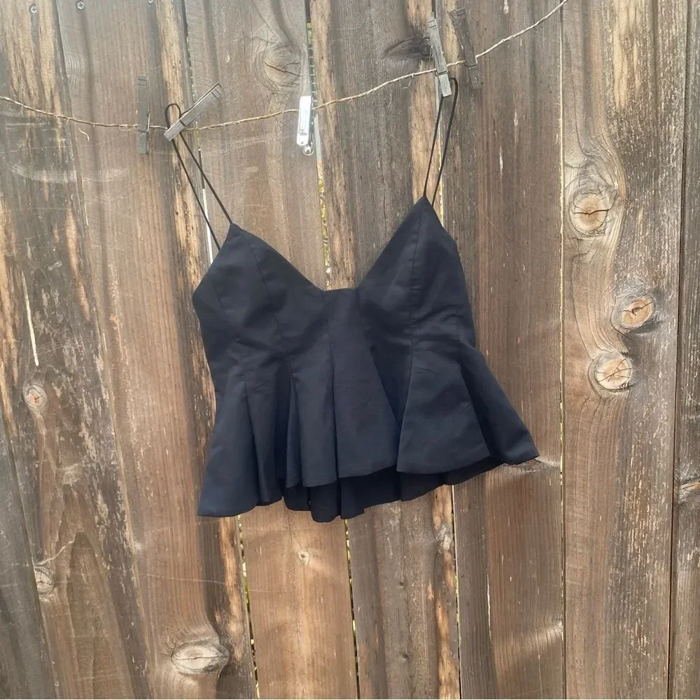 ZARA PLEATED POPLIN Black Spaghetti Strap Top size XS